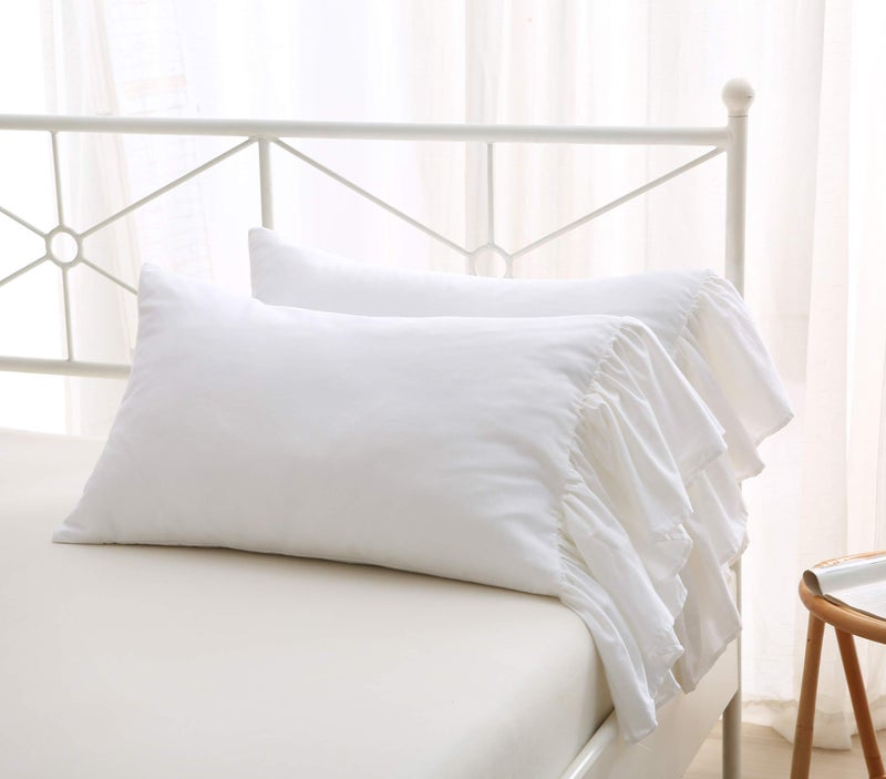 Meaning4 White Bed Pillow Covers Shams Cases with Long Ruffles Standard Size Cotton Shabby Chic Pillowcases 20"X26" 2pcs Soft - Image 1